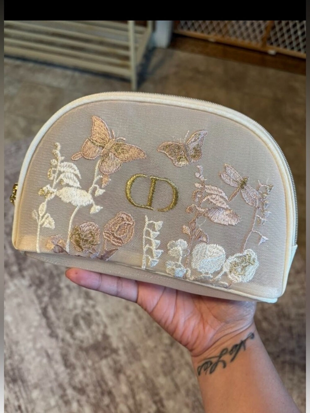 Dior Embroidered Beige Cosmetic Pouch